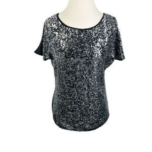 Boston Proper Silver Fully Beaded Top Sequin Slit Sleeves Holiday Event Size S